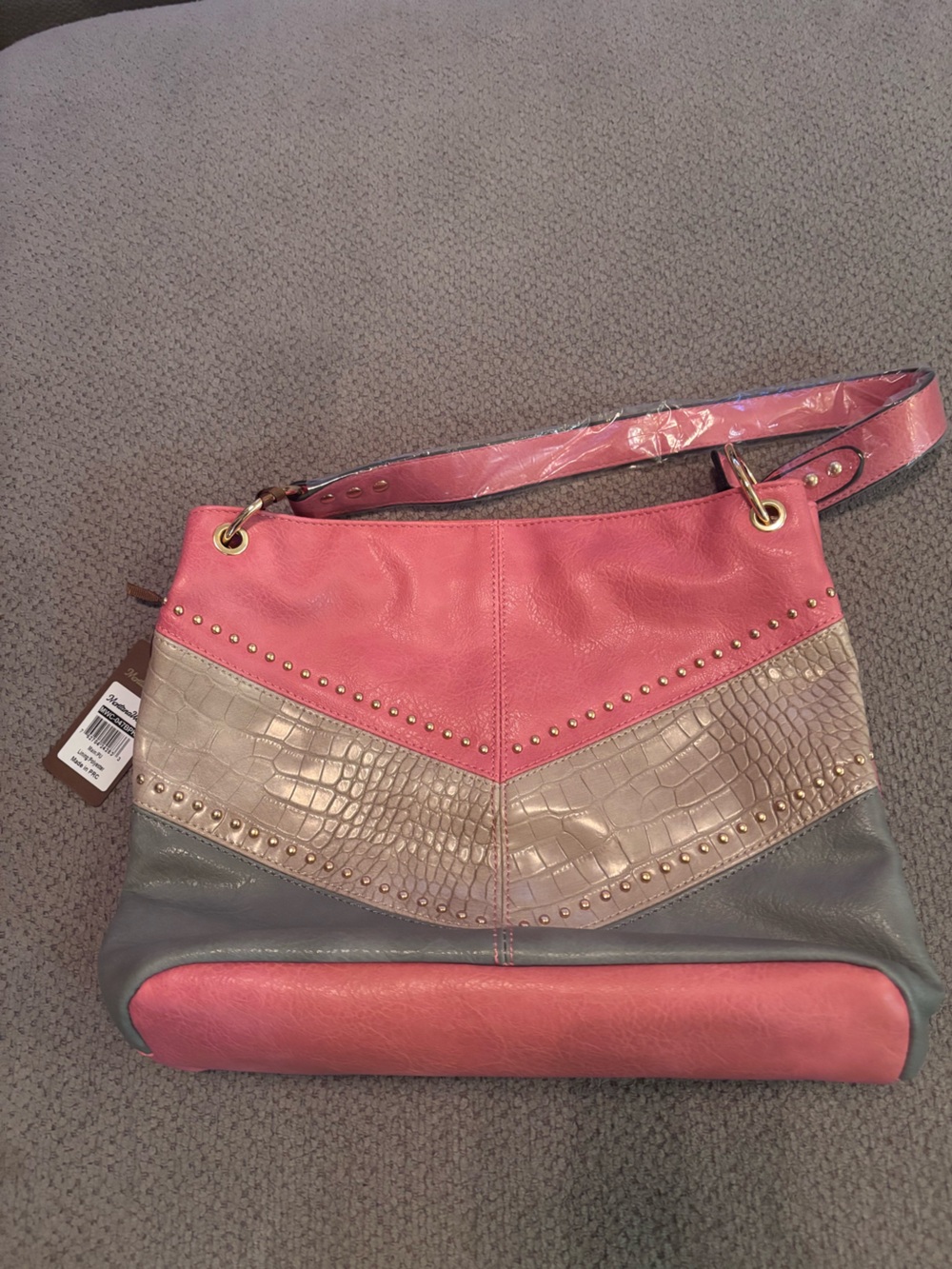 Montana West Pink and Gray Colorblock Studded Shoulder Tote